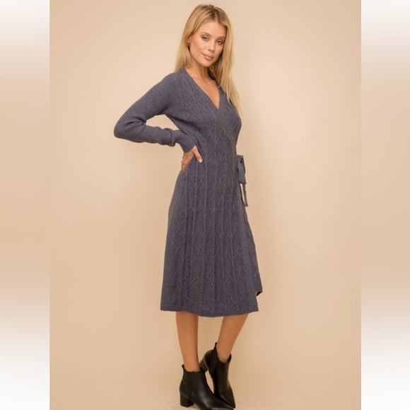 660. Midi Dress Wrap Sweater V-Neck Textured Denim Navy S, M & L Available - Picture 5 of 7